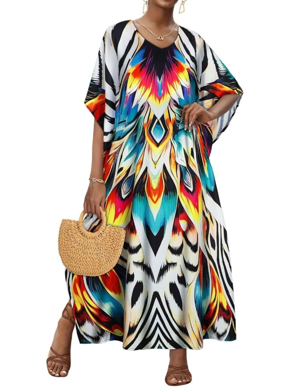 Women's Zebra Print Plus Size V Neck Caftan Long Batwing Sleeve Cover Up